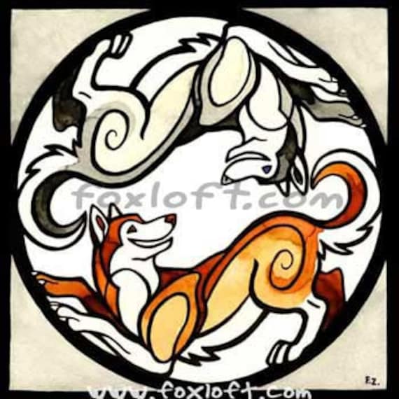 Yin Yang Siberian Husky Painting Print - Wall art, Giclee, totem, yin-yang, biscuit, circle, breed, husky, sled dog