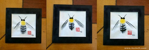 Original Bee Painting - Sumi Ink OOAK Honeybee Bumblebee Matted