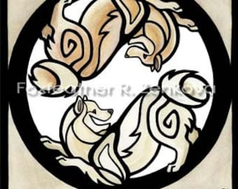 Yin Yang Samoyed Painting Print - Wall art, Giclee, totem, yin-yang, biscuit, circle, breed, spitz