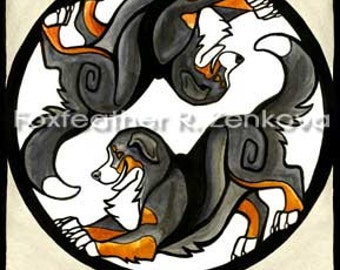 Yin Yang Bernese Mountain Dogs Painting Print - Wall art, Giclee, totem, yin-yang, berner, circle, breed