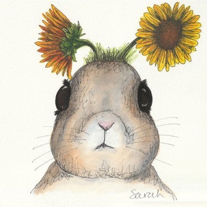 Hasenkarte, surreales niedliches Häschen mit Sonnenblumen