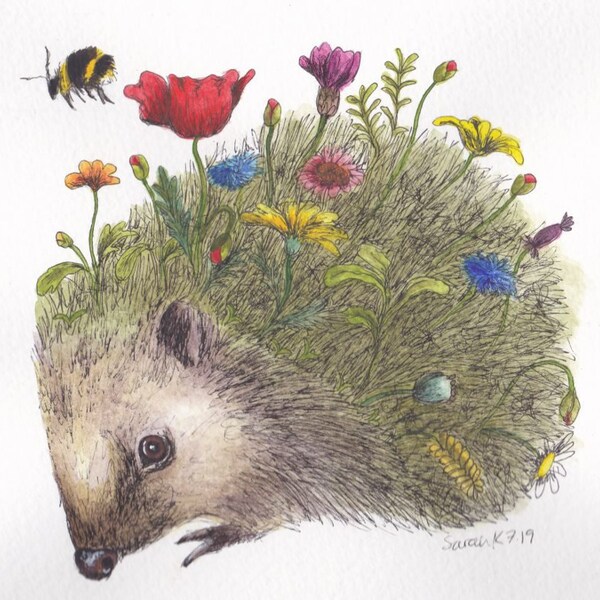 Hedgehog with wildflowers and bee greeting card