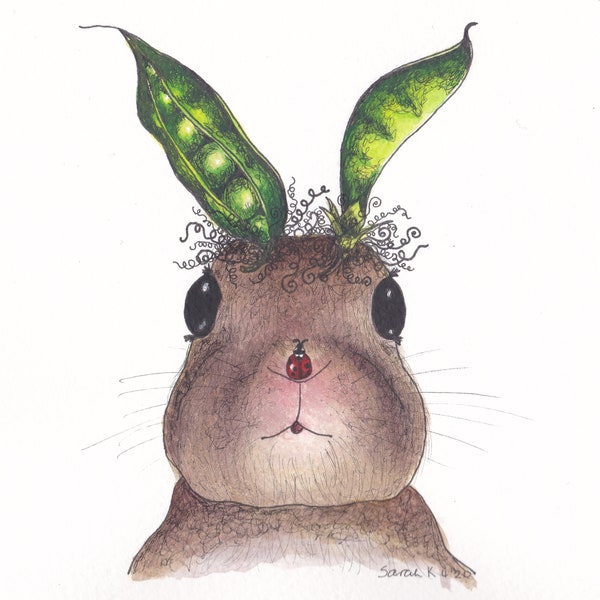 Rabbit card, surreal cute bunny with pea ears and ladybird