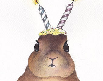 Rabbit birthday card, surreal cute bunny