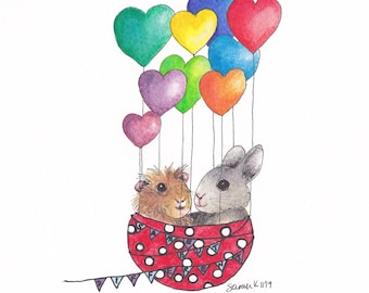 Rabbit and guinea pig wedding, anniversary, valentine, special friend or birthday card