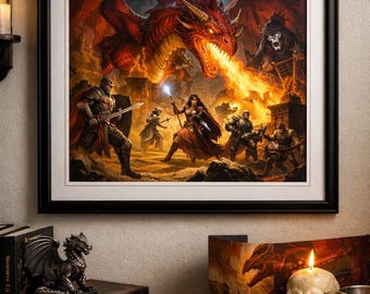 Stampa Dragon vs Adventurers / Decorazione epica per la stanza dei giocatori di D&D (download digitale)