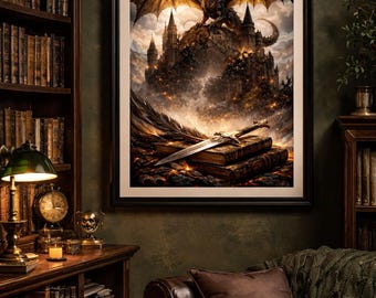 Sztuka ścienna ze smokiem, Dark Fantasy, Gotycki nadruk ze smokiem, Sztuka ścienna z motywem Dark Academia, Sztuka średniowiecznego zamku, Wystrój wnętrz w stylu fantasy, Inspiracja czwartym skrzydłem