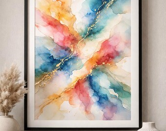 Stampa astratta in acquerello verde acqua e corallo / Arte murale boho con accenti dorati (download digitale)