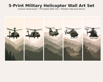 Set di stampe murali dell'aviazione dell'esercito (5 stampe) - Collezione minimalista di elicotteri militari / Download digitale