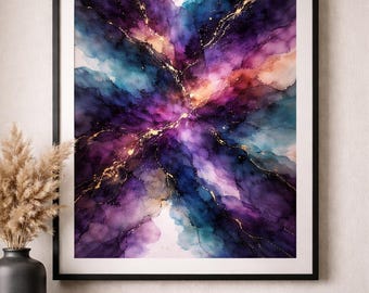 Stampa artistica astratta ad acquerello / Viola, blu e oro (download immediato)