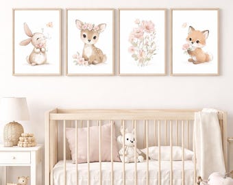 Set di decorazioni murali per la cameretta a tema bosco: coniglietto, cervo, volpe e fiori (stampabili)