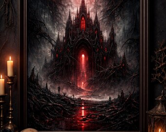 Sztuka ścienna z gotycką katedrą, wystrój w stylu dark fantasy, czerwony nadruk estetyczny, sztuka ścienna w stylu dark akademia, grafika w stylu horror fantasy, wystrój domu w stylu czarownic