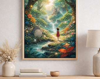 Fantastyczna grafika ścienna z leśnym krajobrazem do druku, sztuka inspirowana Studio Ghibli, wystrój Cottagecore, fantazyjny wydruk krajobrazu, sztuka ścienna do pokoju dziecięcego, cyfrowa grafika przyrodnicza