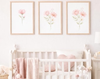 Set di 3 stampe digitali da parete con fiori ad acquerello color rosa tenue per la cameretta dei bambini