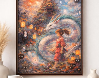 Inspirowana filmem Spirited Away grafika ścienna do druku, scena fantasy, fantazyjny japoński wystrój estetyczny, magiczny nocny krajobraz do pobrania w wersji cyfrowej