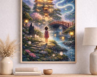 Inspirowana filmem Spirited Away grafika ścienna do druku, scena fantasy, fantazyjny japoński wystrój estetyczny, magiczny nocny krajobraz do pobrania w wersji cyfrowej