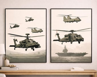 Set di stampe murali della flotta dell'aviazione dell'esercito (2 stampe) - Arte minimalista con elicotteri militari / Download digitale
