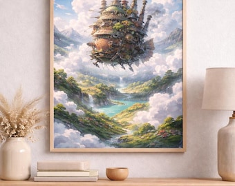 Grafika ścienna inspirowana Ruchomym Zamkiem Hauru do druku, Fantazyjny krajobraz pływającego zamku, Fantazyjny wystrój estetyczny w stylu anime, Magiczne niebo