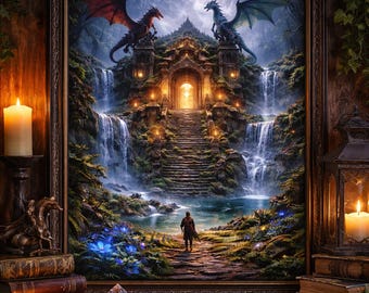 Porta del Tempio del Drago / Arte murale fantasy / Guardiani del Drago / Stampa della Foresta Incantata / Download digitale