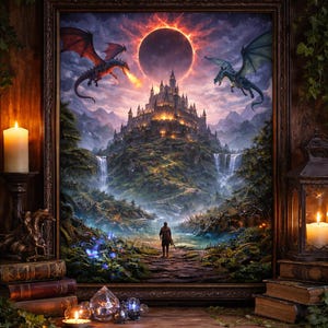 May include: Framed fantasy art print depicting a castle on a mountain, with dragons, a figure, and a celestial event. The artwork features a dark color palette with a wooden frame and a shelf with candles and books.