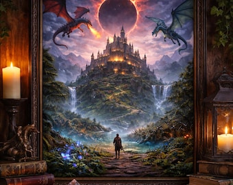 Stampa del castello di Dragon Eclipse / Arte fantasy epica (download digitale)