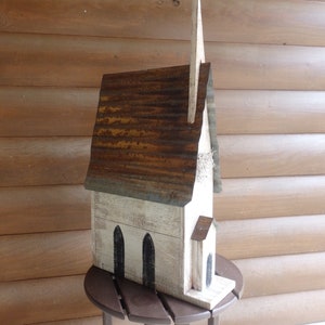 LARGE Handcrafted Wooden Cedar Church Bird House with Tin Roof/Seasonal Home Decor/Handpainted