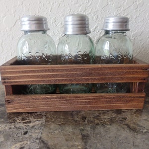 Mini Mason Jar Salt/Pepper Shaker, Toothpick Holder in a Wood Crate