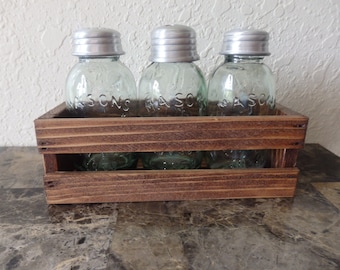 Mini Mason Jar Salt/Pepper Shaker, Toothpick Holder in a Wood Crate