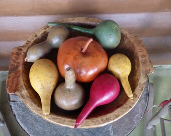 Wood Trencher~Hand Dyed Gourds~Dough Bowl~Handcarved~Home/TableDecor~Wooden~Primitive~Country