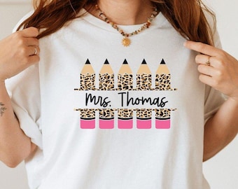 Custom Preschool Teacher Shirt, Customized Teacher Name Leopard Print Pencil T-Shirt, Personalized Back to School Tee, Cute Gift For Teacher