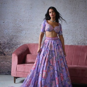 Designer lavender Floral Print  with embroidery work ehenga Choli For Women, Lehenga Choli, Indian Wedding Lehenga Choli, Made To measure