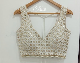 Saree Lehenga Blouse Made To Order Indian Designer White Mirror work Saree Lehenga Blouse Deep Sweet Heart Neck Choli cut Sabaysachi blouse