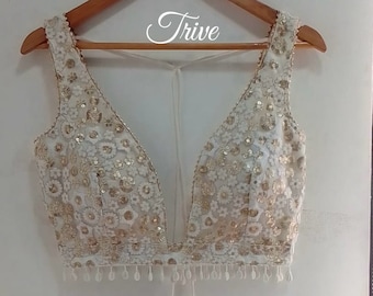 Made To Order Indian Embroidered White and Gold Georgette Blouse Lehenga Blouse Sleeveless Deep V Neckline