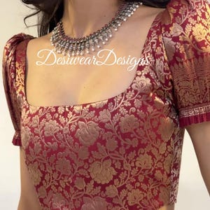Made To Order Indian Maroon Brocade Silk puff sleeves Saree Lehenga Corset Blouse