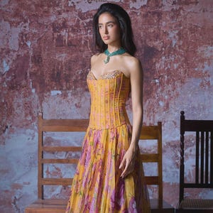 Organza  Yellow floral Lehenga with corset For Women Indian Wedding Party Wear Lengha Choli Indian Guest Wear Sangeet,Festive, Bridesmaids