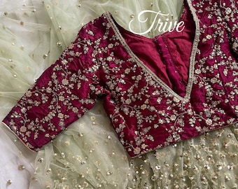 Made To Order Indian Designer red maroon Embroidered Silk Saree Lehenga Blouse Deep V Neck Elbow Length Sleeves .