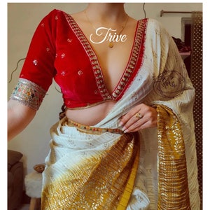 Made To Order Indian Designer red Velvet Saree Lehenga Blouse Deep V Neck Elbow Length Sleeves blouse