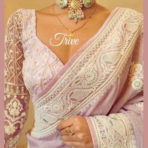 Made to Order Indian Saree Lehenga Designer Pink  Lucknowi Embroidered Georgette Elbow Sleeves Blouse With Boat neck line Neck