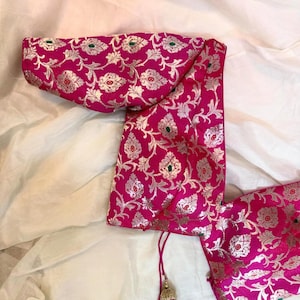 Made To Order Indian Rani pink Elbow sleeves banarasi brocade silk Deep V Neck blouse custom stitched blouse