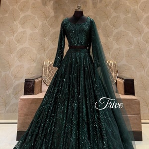 Green lehenga with sequence embroidery, a full-sequence blouse, a sequence-border net dupatta,Made to measure wedding Lehenga