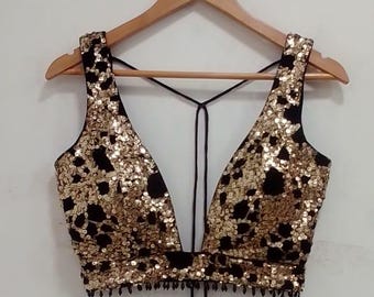 Blusa bordada con lentejuelas hecha a medida, top corto de georgette negro y dorado para mujer.