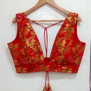 Saree Lehenga Indian Blouse Red Floral Brocade Silk V Neck sleeveless Blouse Made To Order