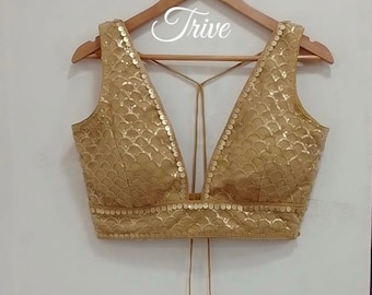 Embroidered Gold Net Blouse, Indian Lehenga Top - Deep Plunge