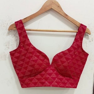 Made to Order Indian Saree Lehenga Designer Red Blouse With Embroidered Georgette Fabric, Sleeveless Sweetheart Neck Custom Made Blouse