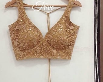 Gold Sequin Embroidered Saree Blouse, Indian Bridal Choli, Deep Sweetheart Neck Blouse, Sleeveless Lehenga Top, Custom Made Ethnic Wear