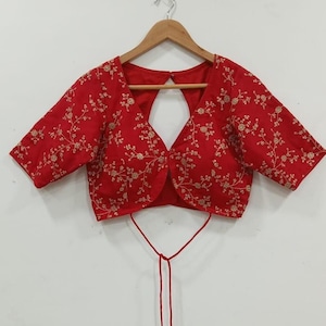 Made To Order Indian Designer Red Embroidered Silk Saree Lehenga Blouse Deep V Neck Elbow Length Sleeves .