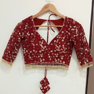 Saree Lehenga Blouse Made To Order Indian Designer Maroon Embroidered Net Round  Neck Blouse Elbow sleeves