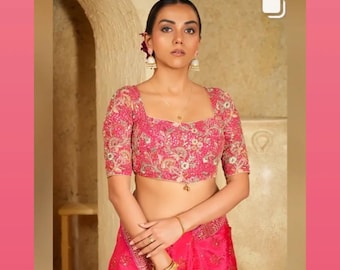Made To Order Indian Designer Pink rani Embroidered Georgette Saree Lehenga Blouse Deep Sweetheart Neck Elbow Length Sleeves .