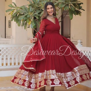 Red and Gold Embroidered Anarkali bridal gown for bride and bridesmaids Bridal Wedding Anarkali Kurti, Long Flared Dress, Bridesmaid Dress