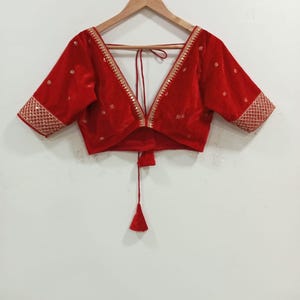Made To Order Indian Designer Red Velvet Saree Lehenga Blouse Deep V Neck Elbow Length Sleeves blouse with Trim